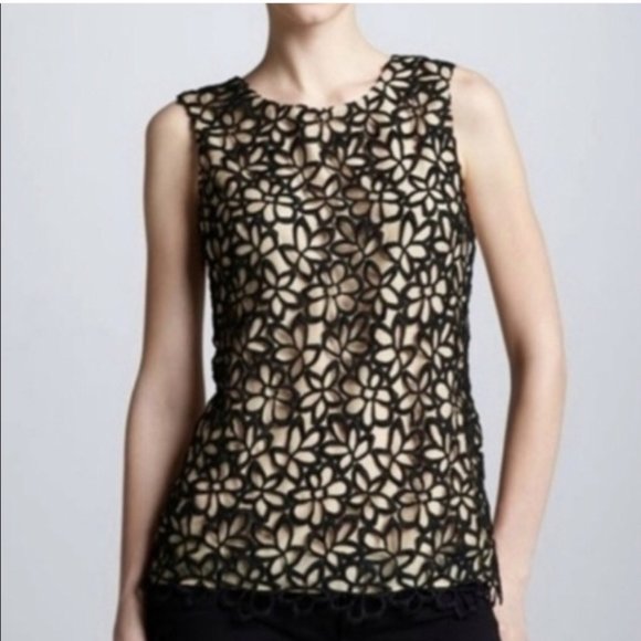 NEIMAN MARCUS LELA ROSE SILK CROCHET FLORAL TOP - Picture 1 of 8
